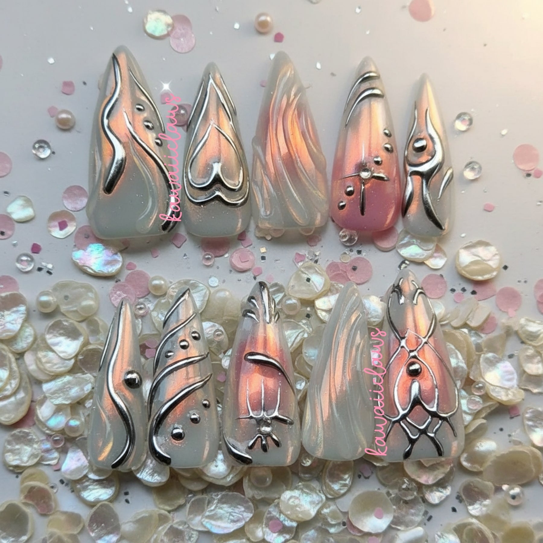 RTS Silver Reverie 3D Opalescent Pearl Gel Nails size Large