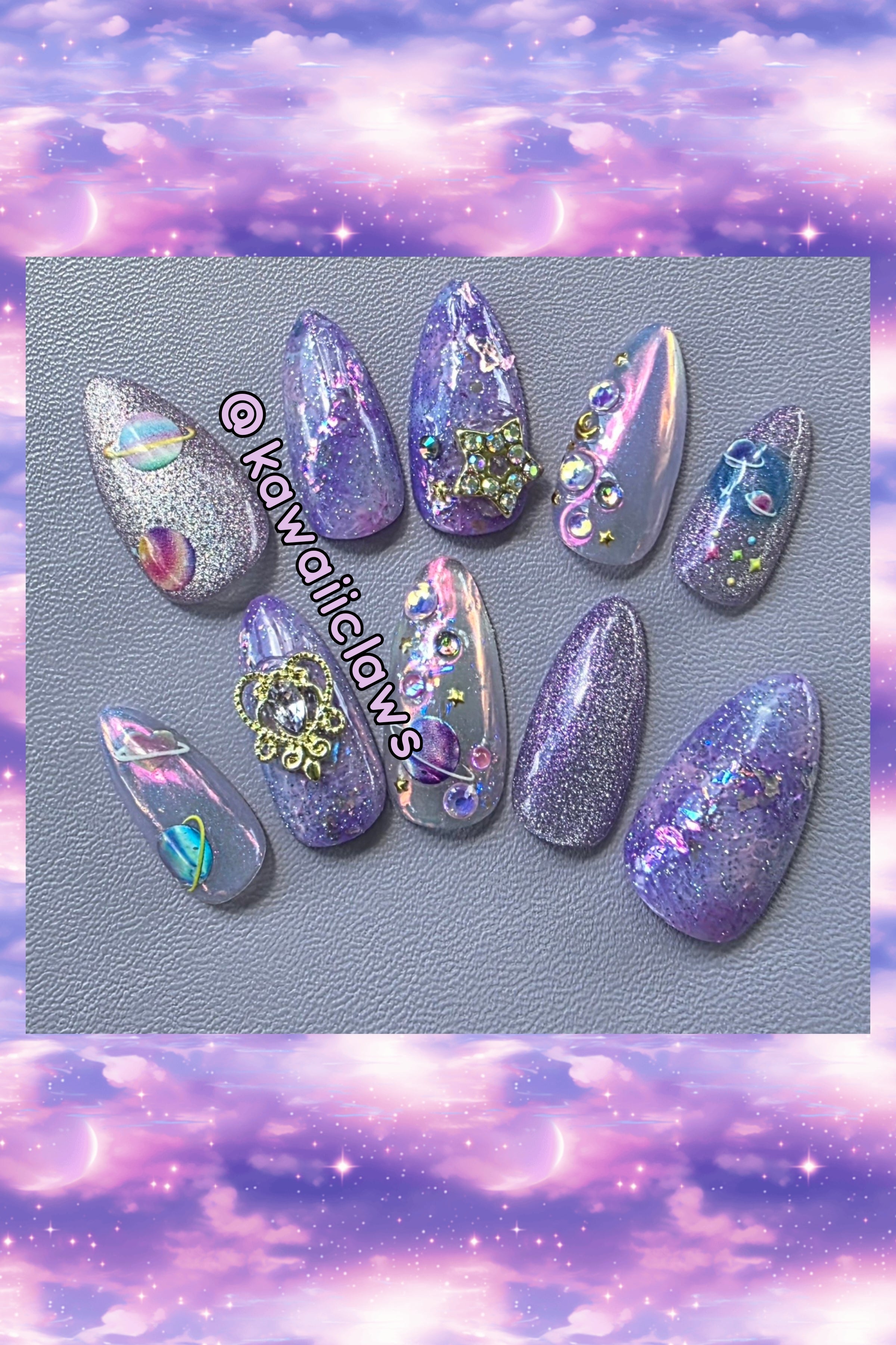Pastel violet & lavender galaxy style nail art gel nails