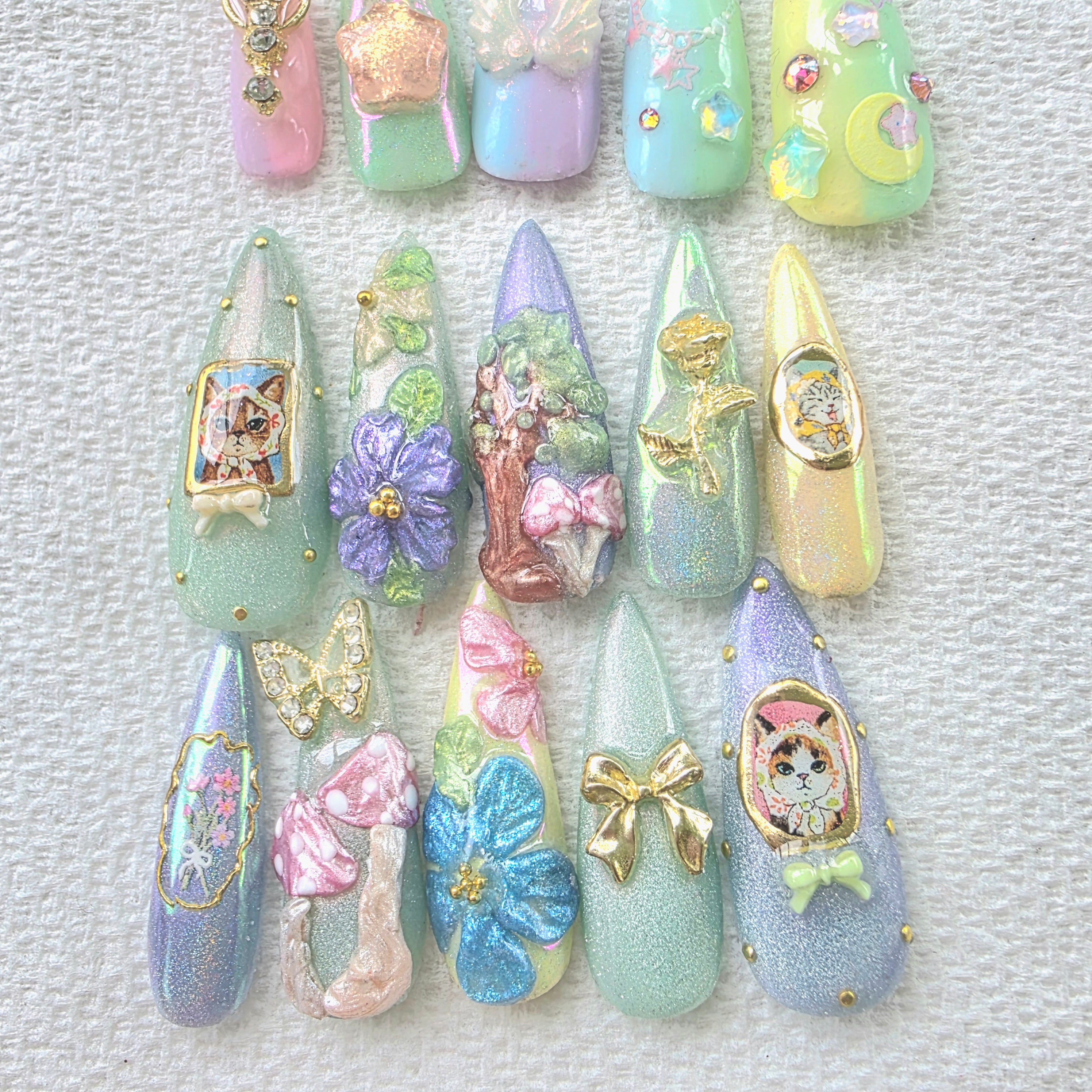 Cottagecore Kitties 3D handmade nails