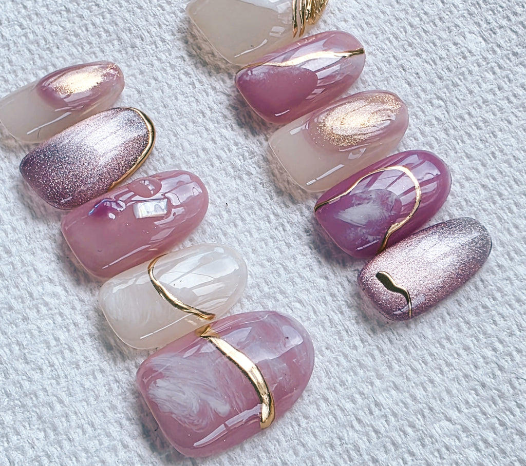 RTS Dusty Rose and Mauve Pink Cat Eye Gel Nails size Large