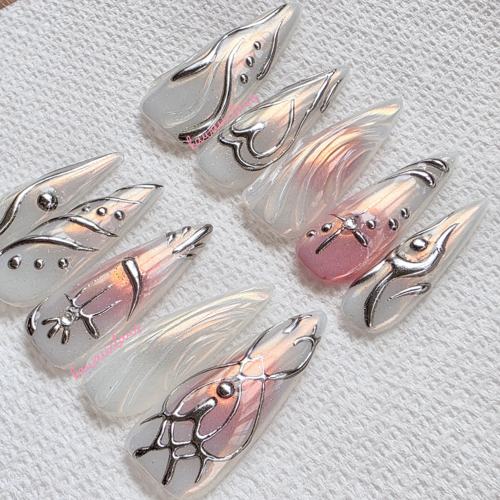 RTS Silver Reverie 3D Opalescent Pearl Gel Nails size Large