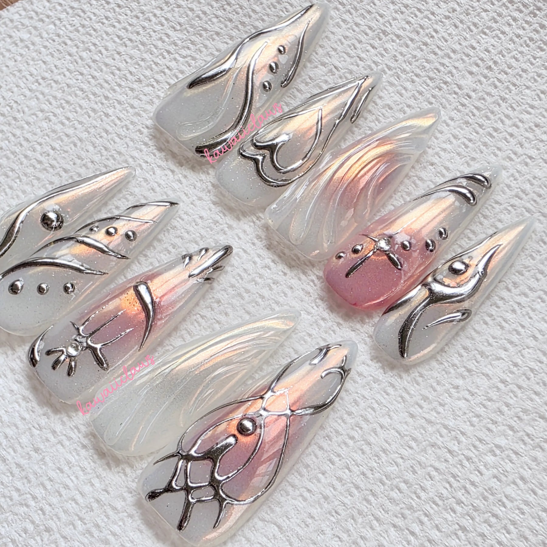 RTS Silver Reverie 3D Opalescent Pearl Gel Nails size Large